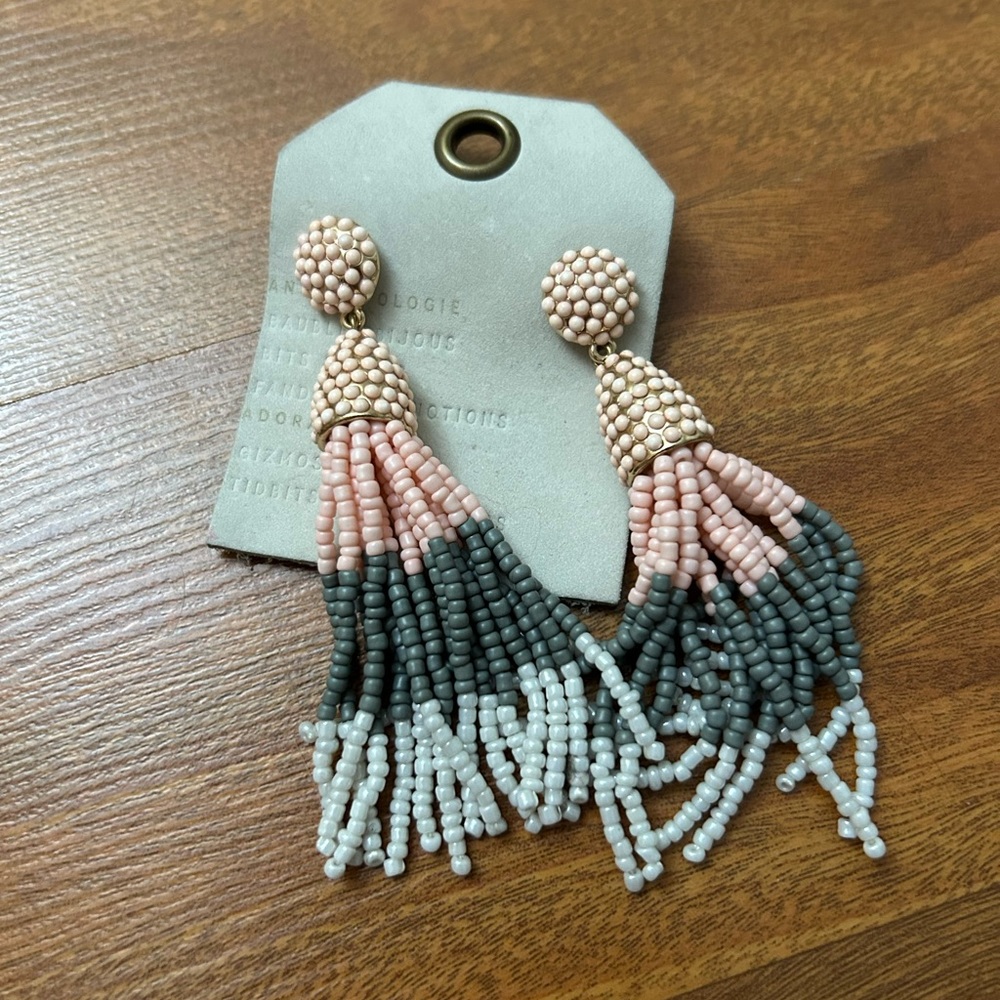 NWT Anthropologie Bauble Bar Beaded Pink and Grey Tassel Earrings